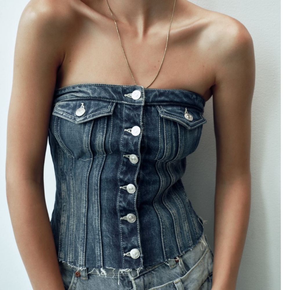 ZARA patch pocket strapless denim corset top 🔺M